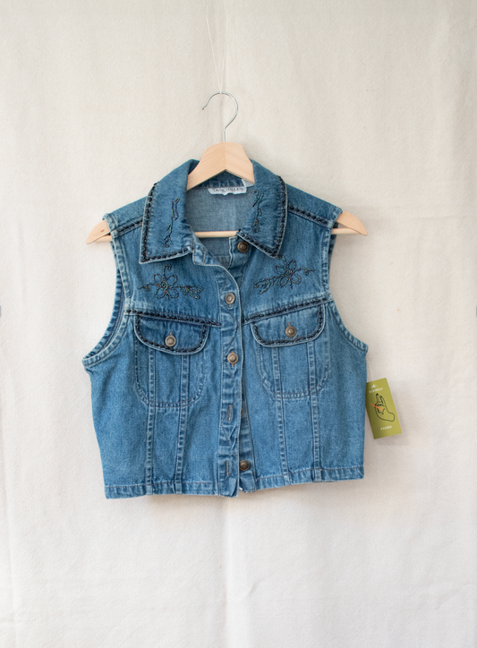 Denim Vintage Vest with Beading | Size Small